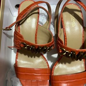 Michael Kors Leather burnt orange sandals 3 inch heel used one time in box